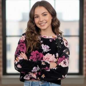 Jusctice Velvet Black Pink Floral Top Size L